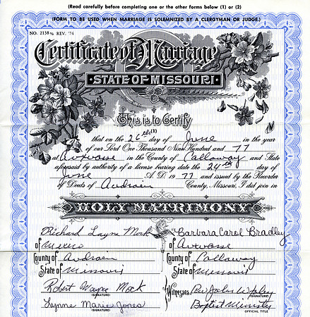 Rick and Barb Marriage Cert